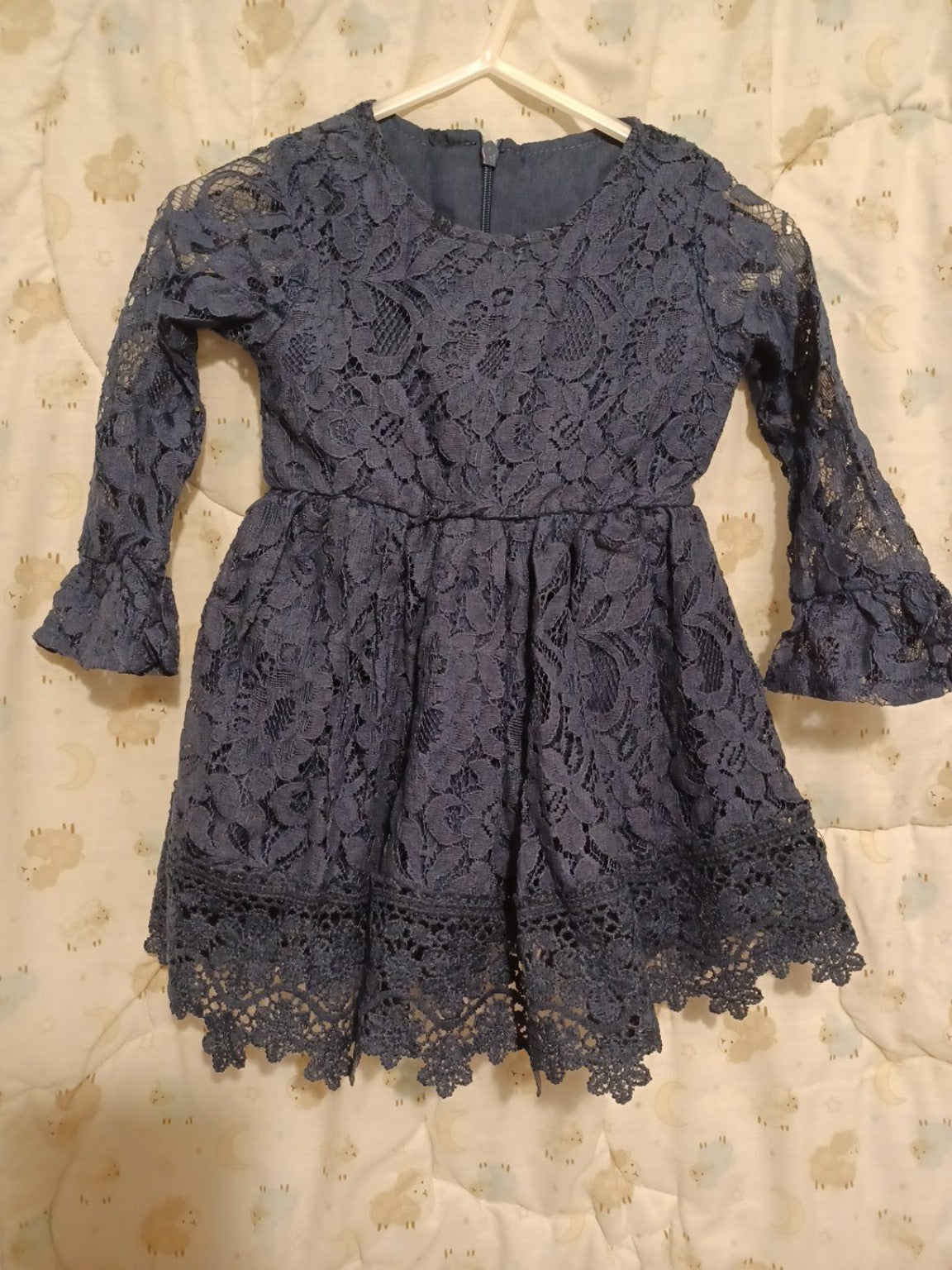 Navy blue lace long-sleeve dress back view
