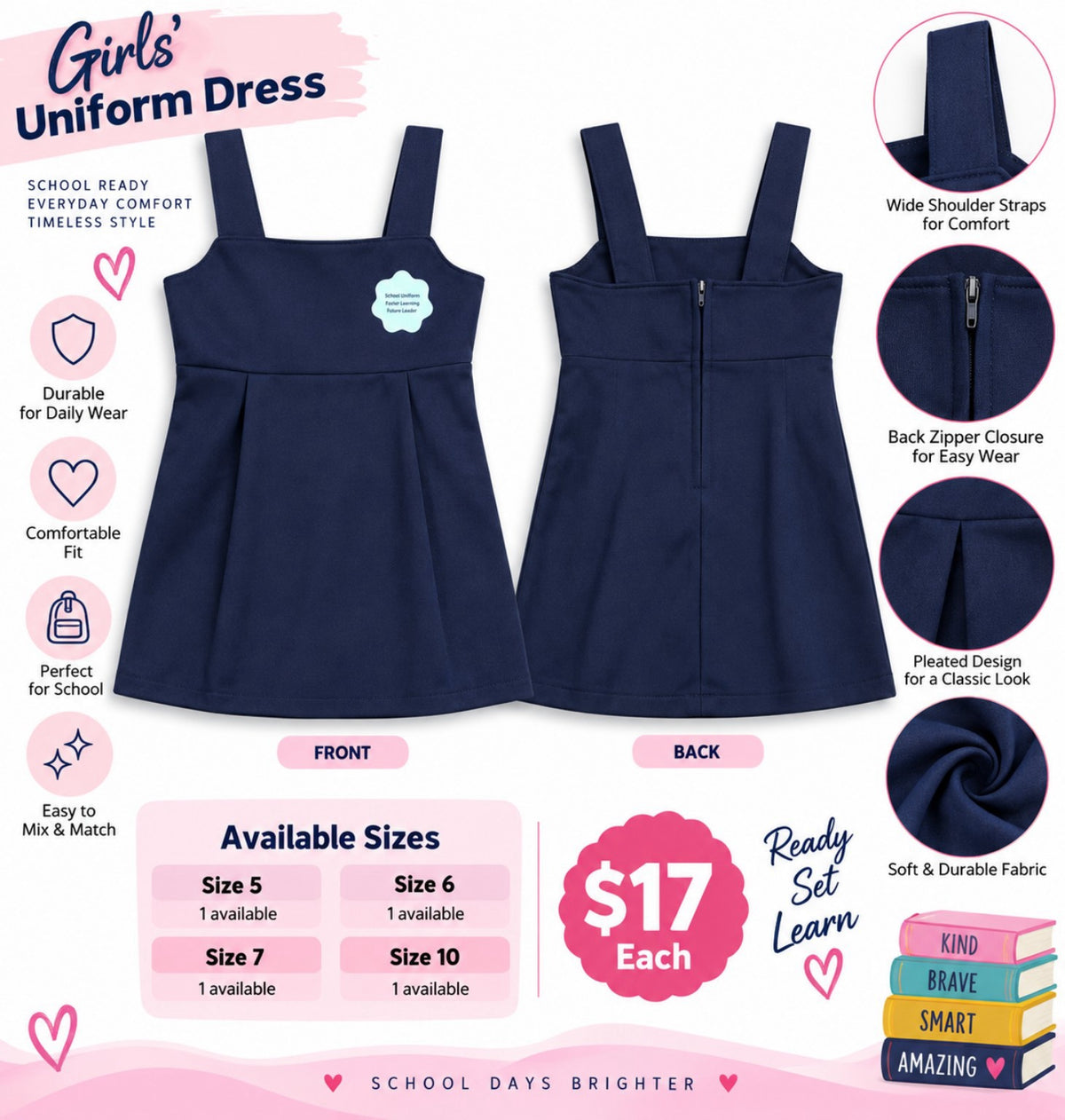 New girls navy school uniform dress front and back
