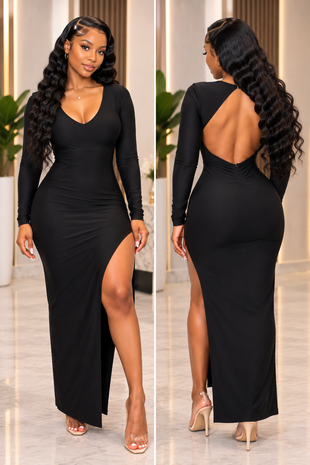 Long Sleeve V Neck Open Back Maxi Dress