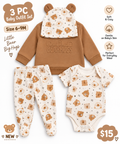 Studio-ready photo of new 3-piece bear baby outfit set, size 6-9M