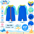 New baby long-sleeve blue mint aqua swim romper with yellow collar and orange zipper