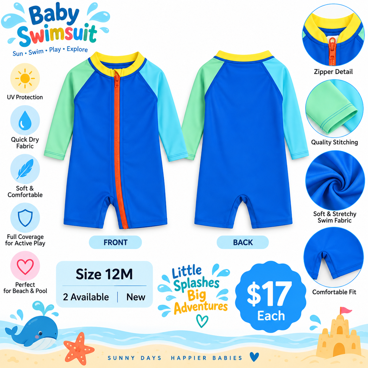New baby long-sleeve blue mint aqua swim romper with yellow collar and orange zipper