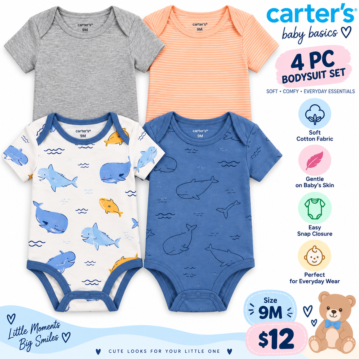 Carter's 4-piece baby bodysuit set size 9M
