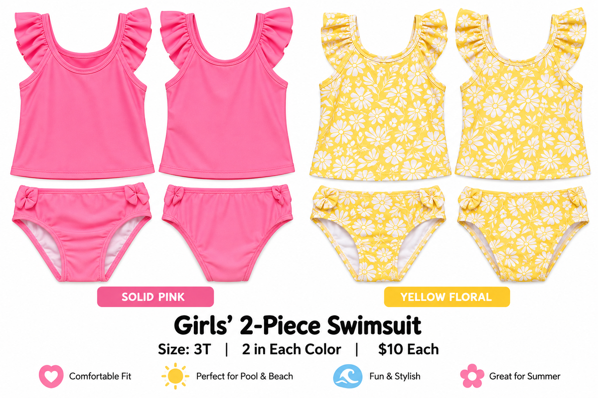 Girls 2-piece swimsuits in solid pink and yellow floral, size 3T