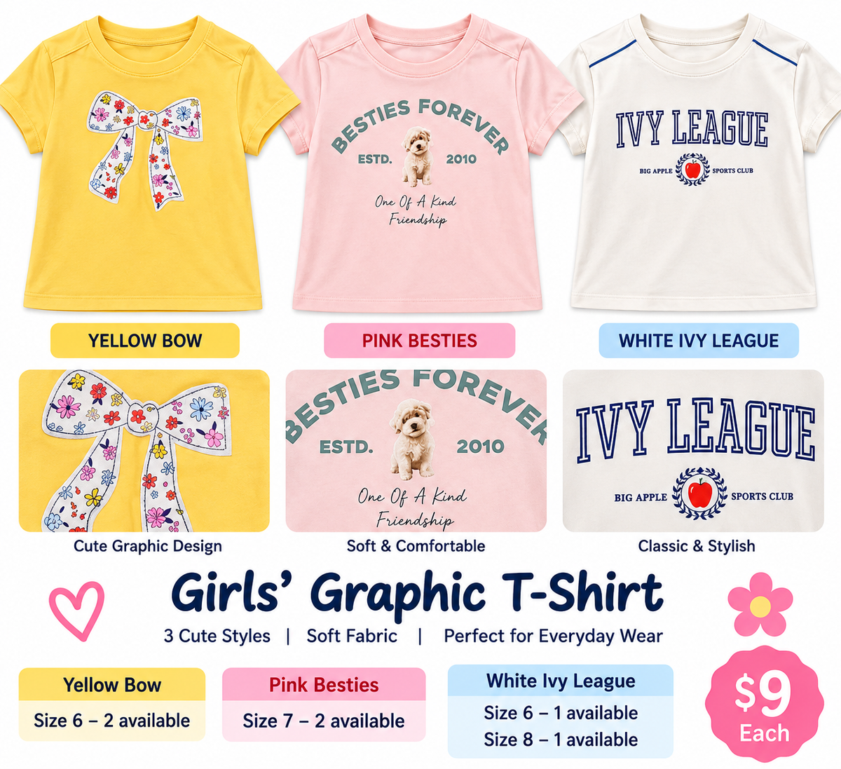 Girls graphic T-shirts in yellow, pink, and white