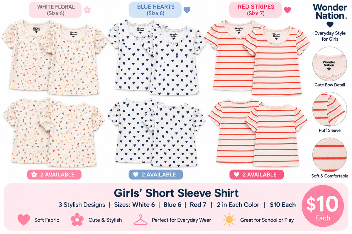 Wonder Nation girls short sleeve shirts in red stripes, blue hearts, and white floral
