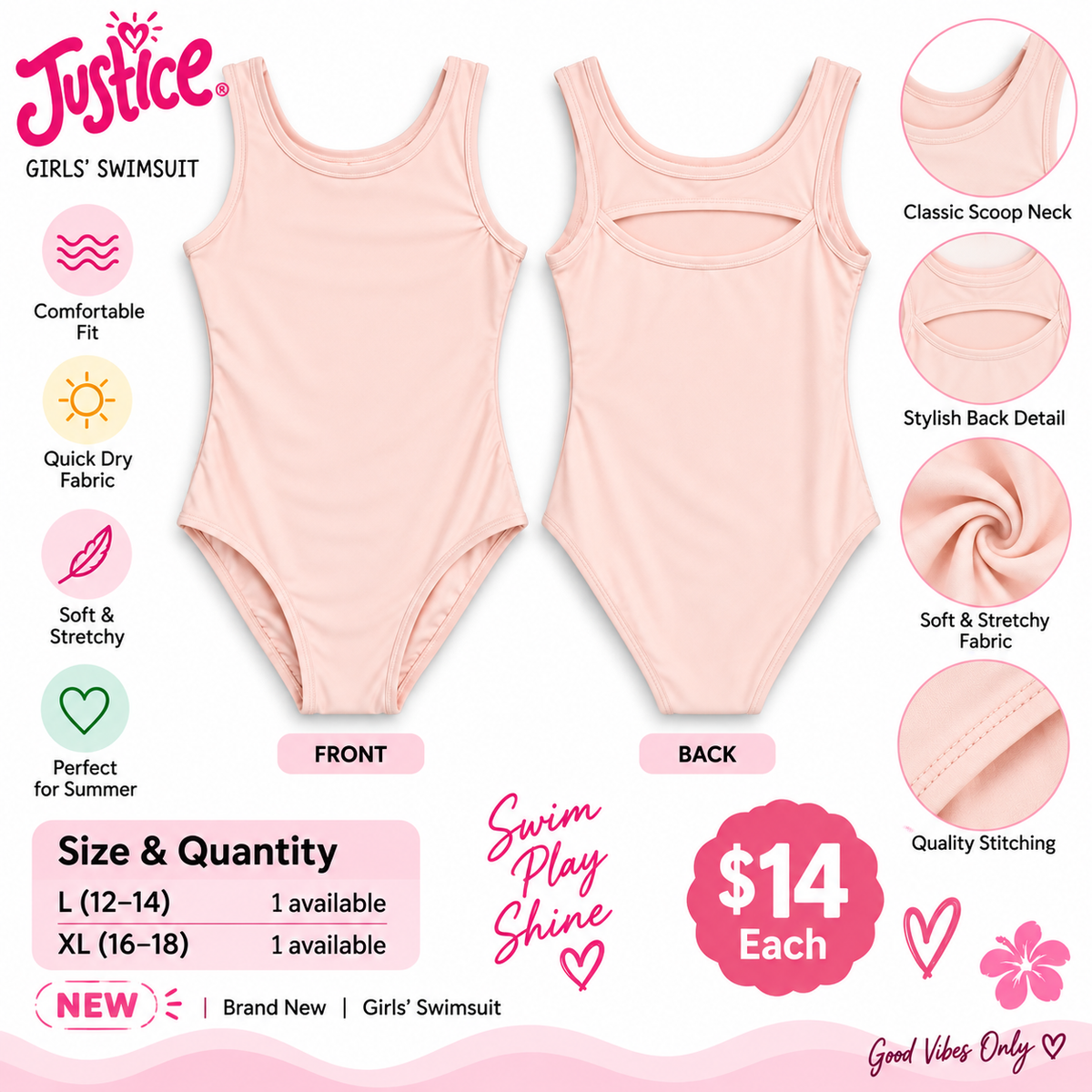 Justice girls pale pink one-piece swimsuit