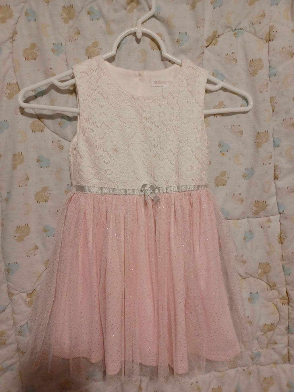 Preloved pink and white lace tulle girls dress, front view