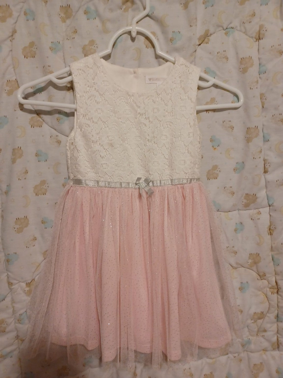 Preloved pink and white lace tulle girls dress, front view