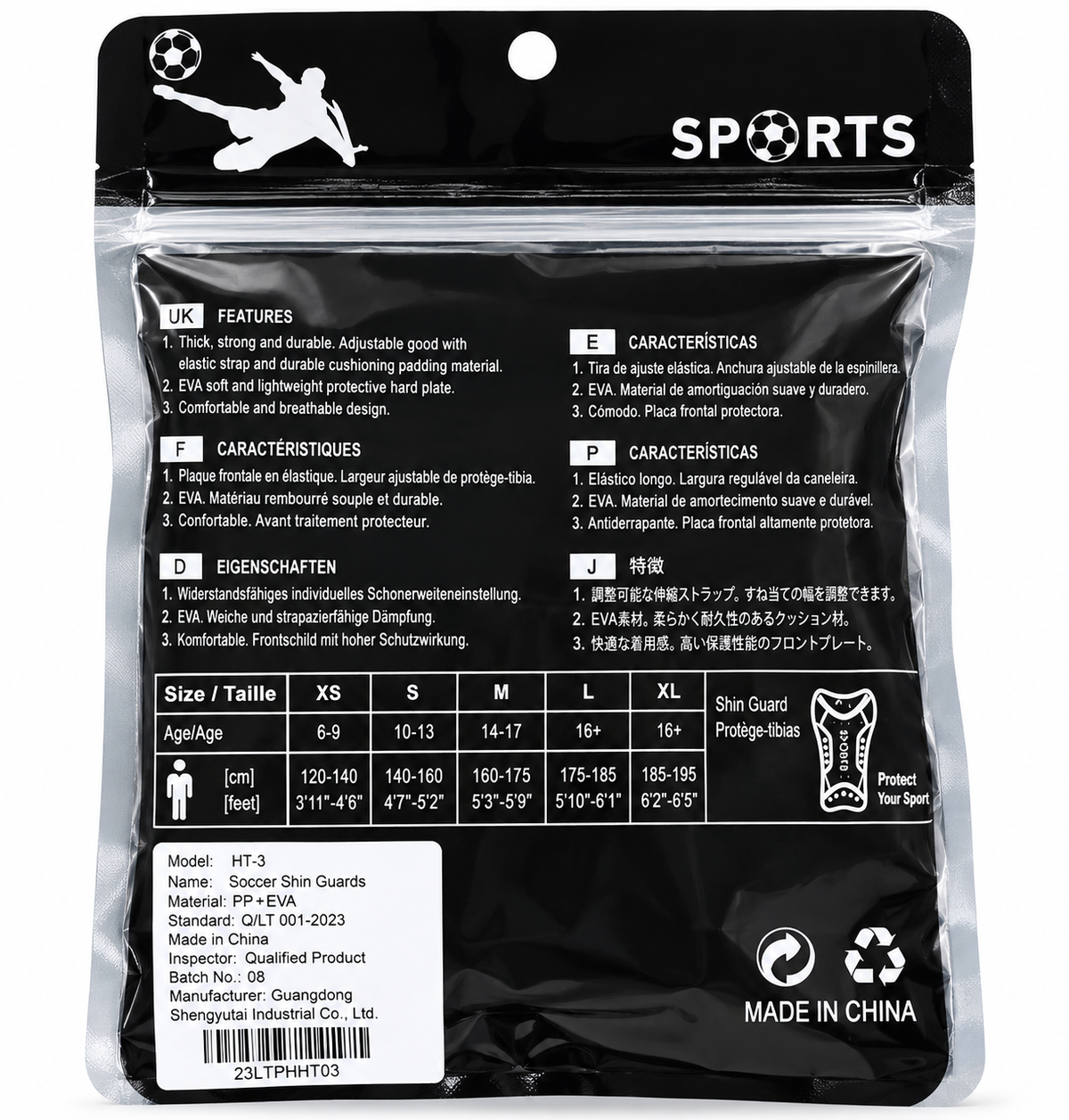 Back of soccer shin guard packaging with size chart and product information