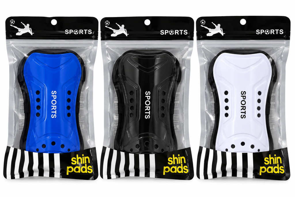 Soccer shin guards in blue, black, and white, size medium