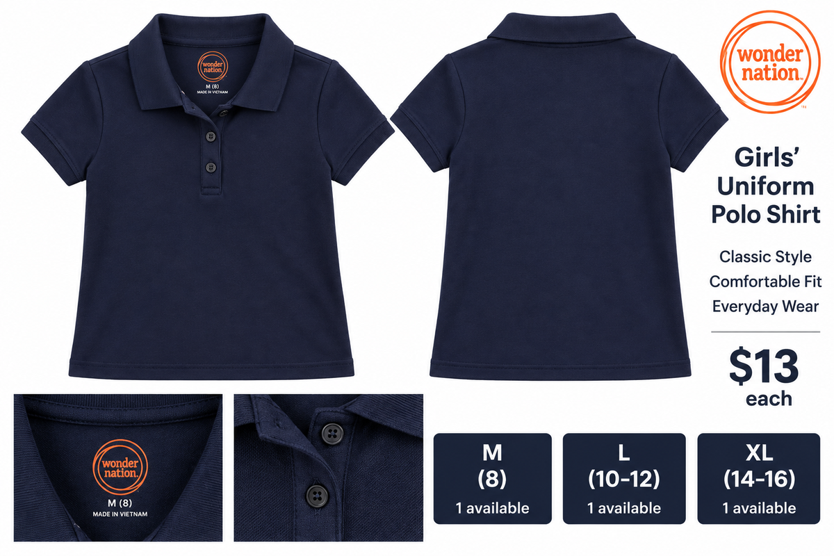Wonder Nation girls navy blue uniform polo shirt, front and back views